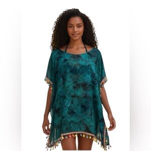 NEW Swim Cover-Up‎ Tunic Top Palm Print Tassels Beach Pool Resort Cruise Large
